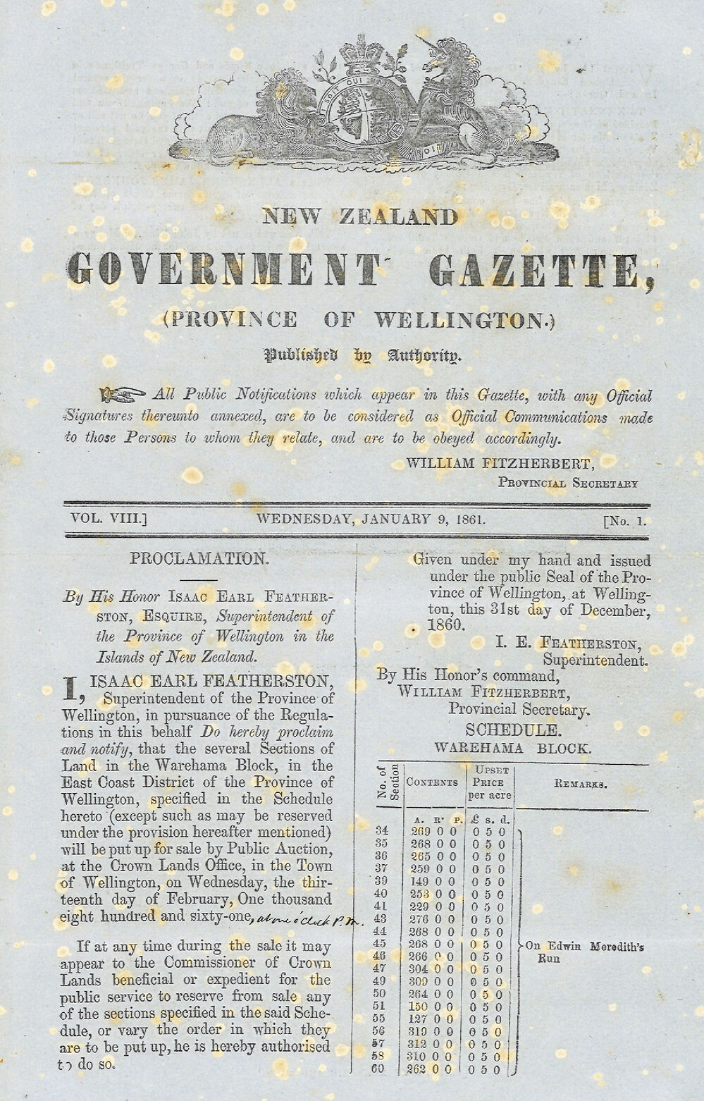 Wellington Provincial Council Gazette, Vol 8 (1861)