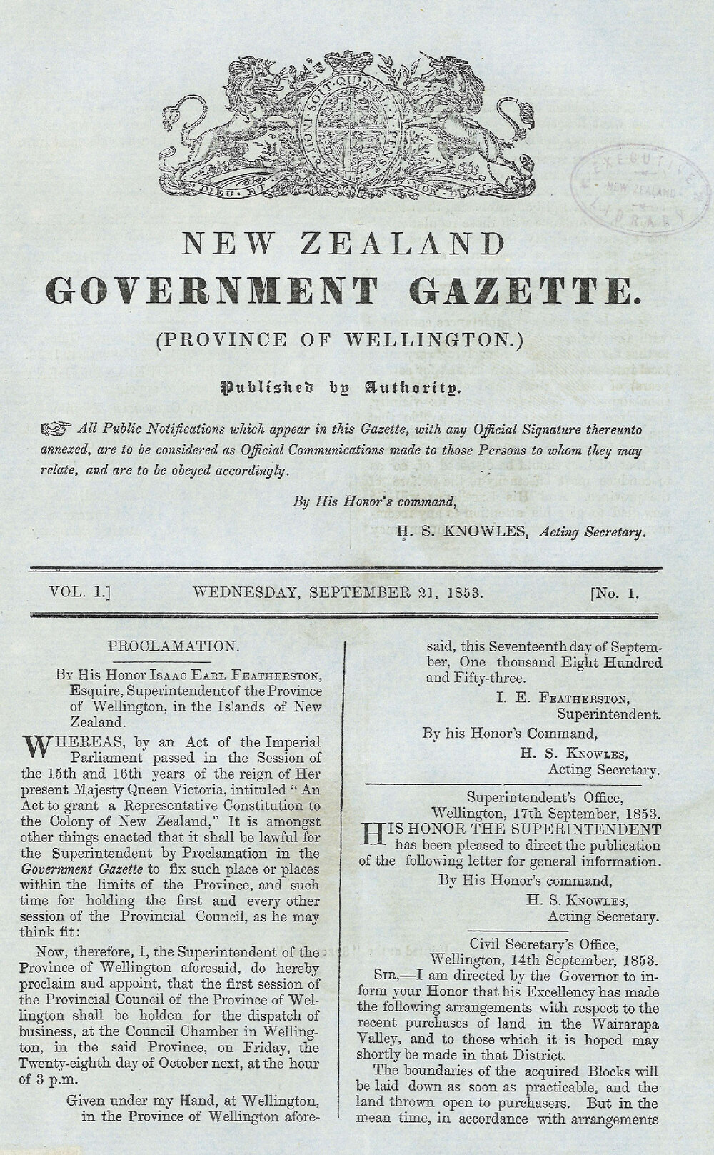 Wellington Provincial Council Gazette, Vol 1 (1853 - 1854)