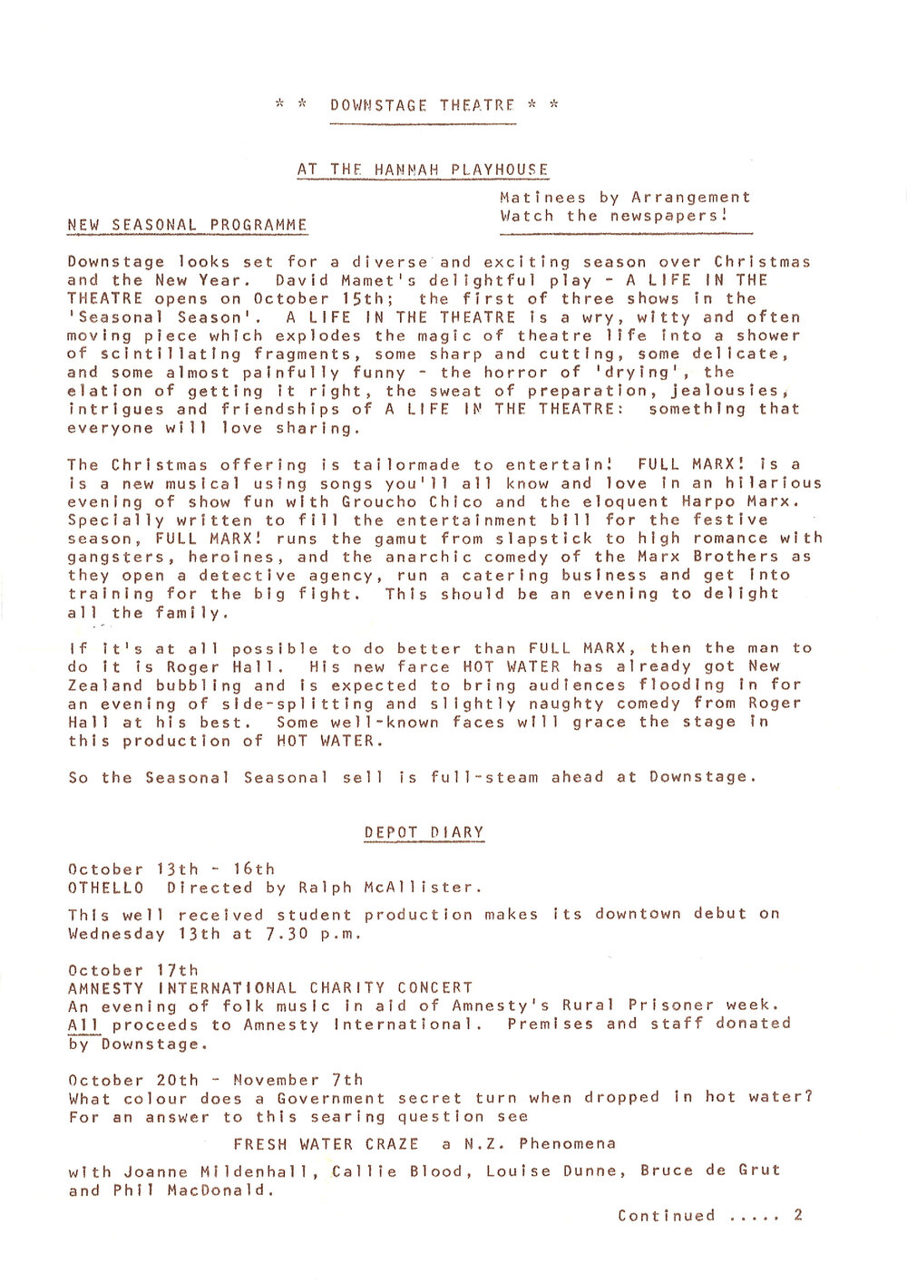 Downstage Theatre seasonal programme 