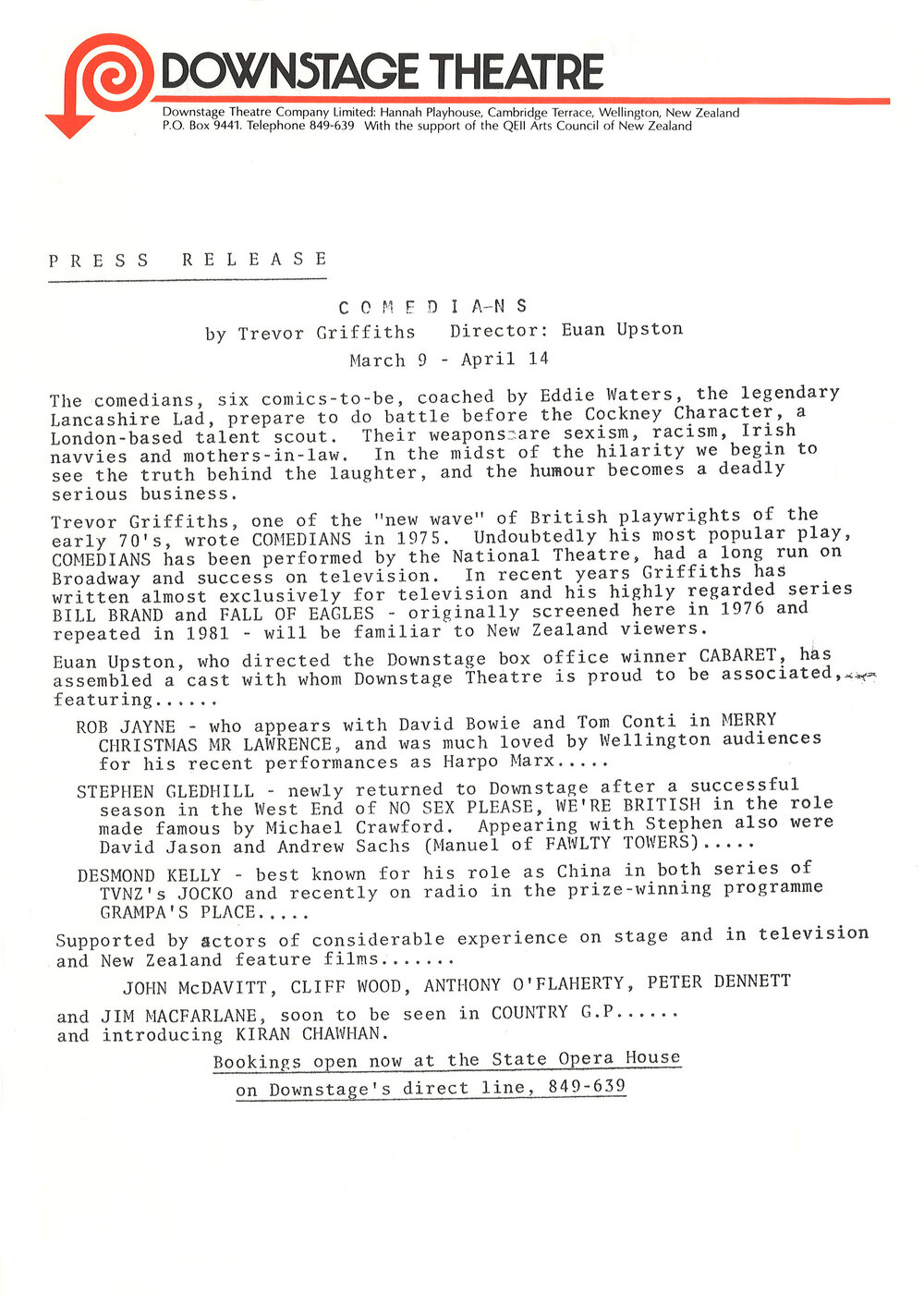 Downstage Theatre press release