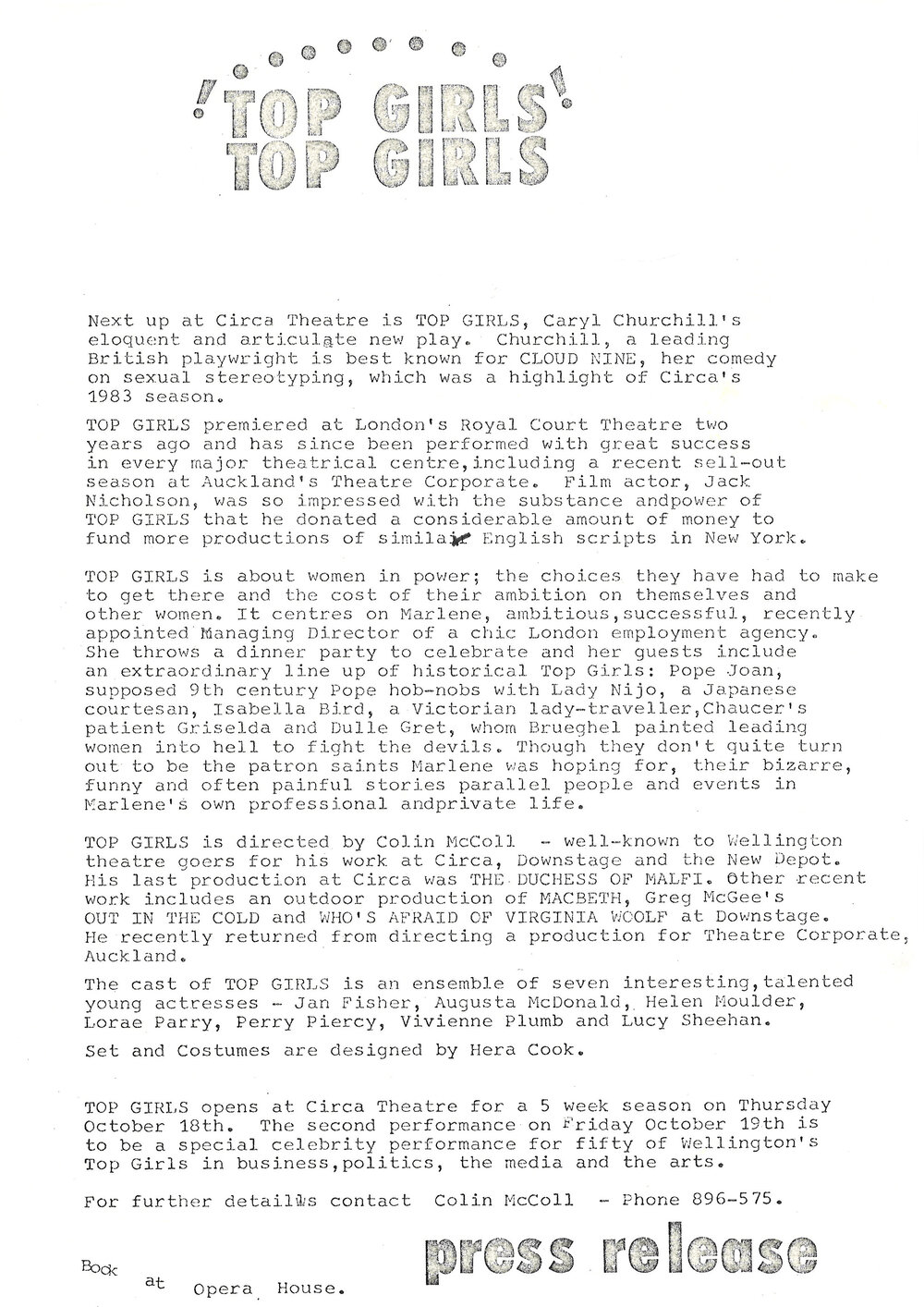 Circa Theatre: "Top Girls" press release