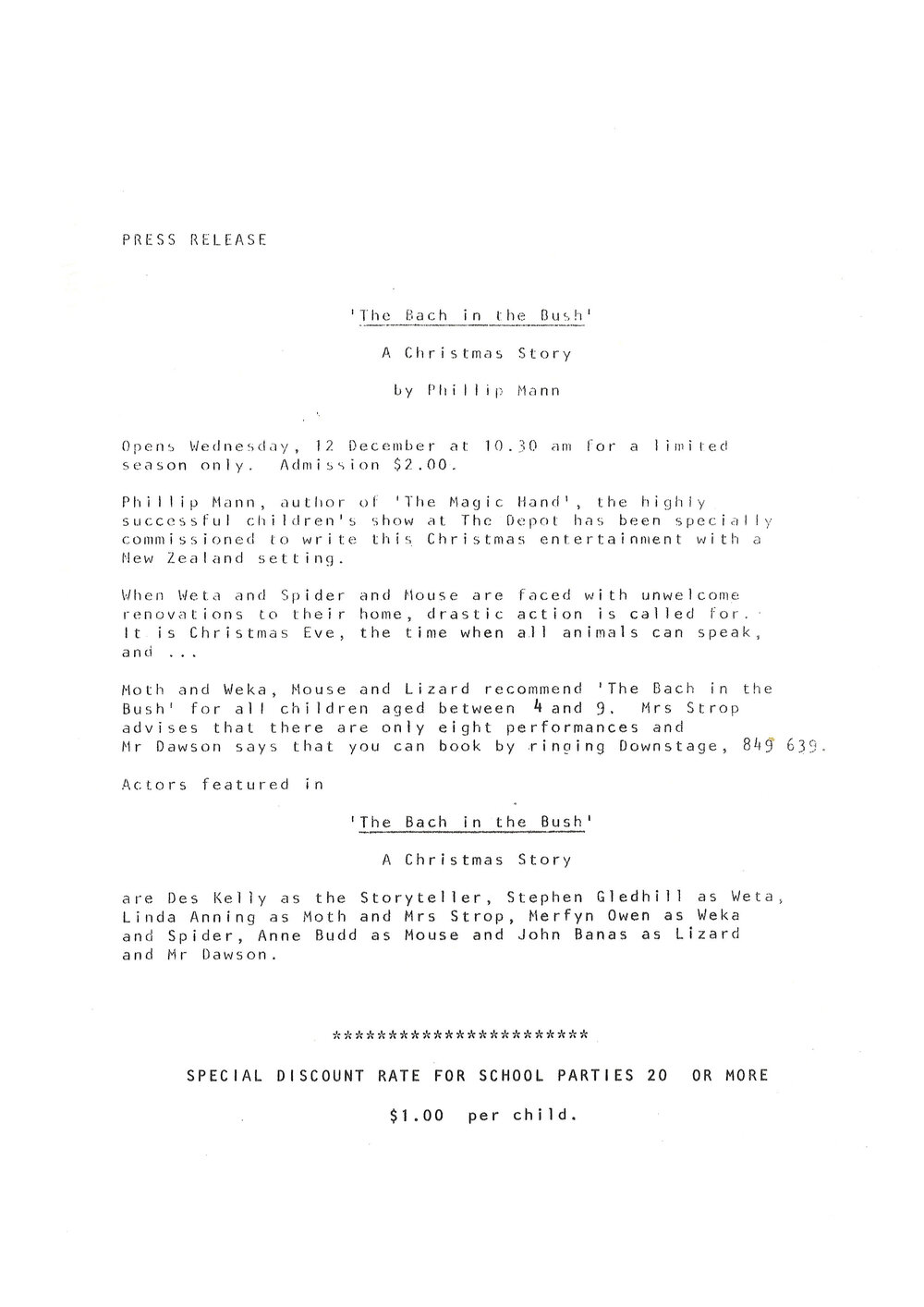 Downstage Theatre press release