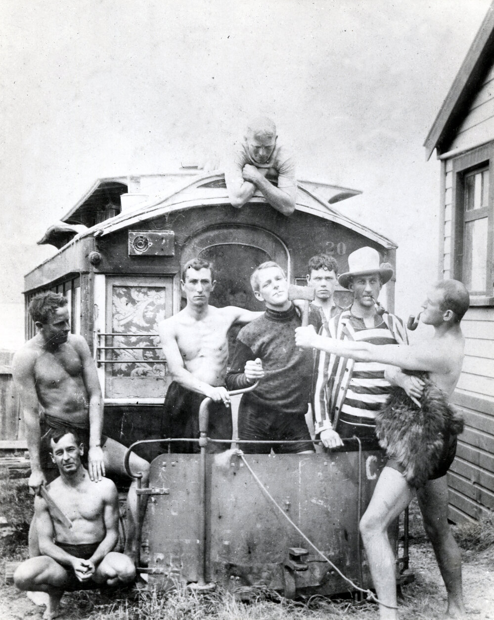 Men with disused steam tram