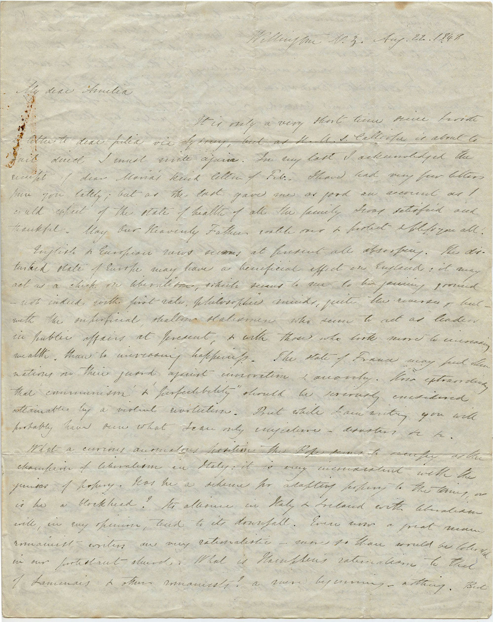 Letter from Octavius Hadfield to his sister Amelia, August 1848
