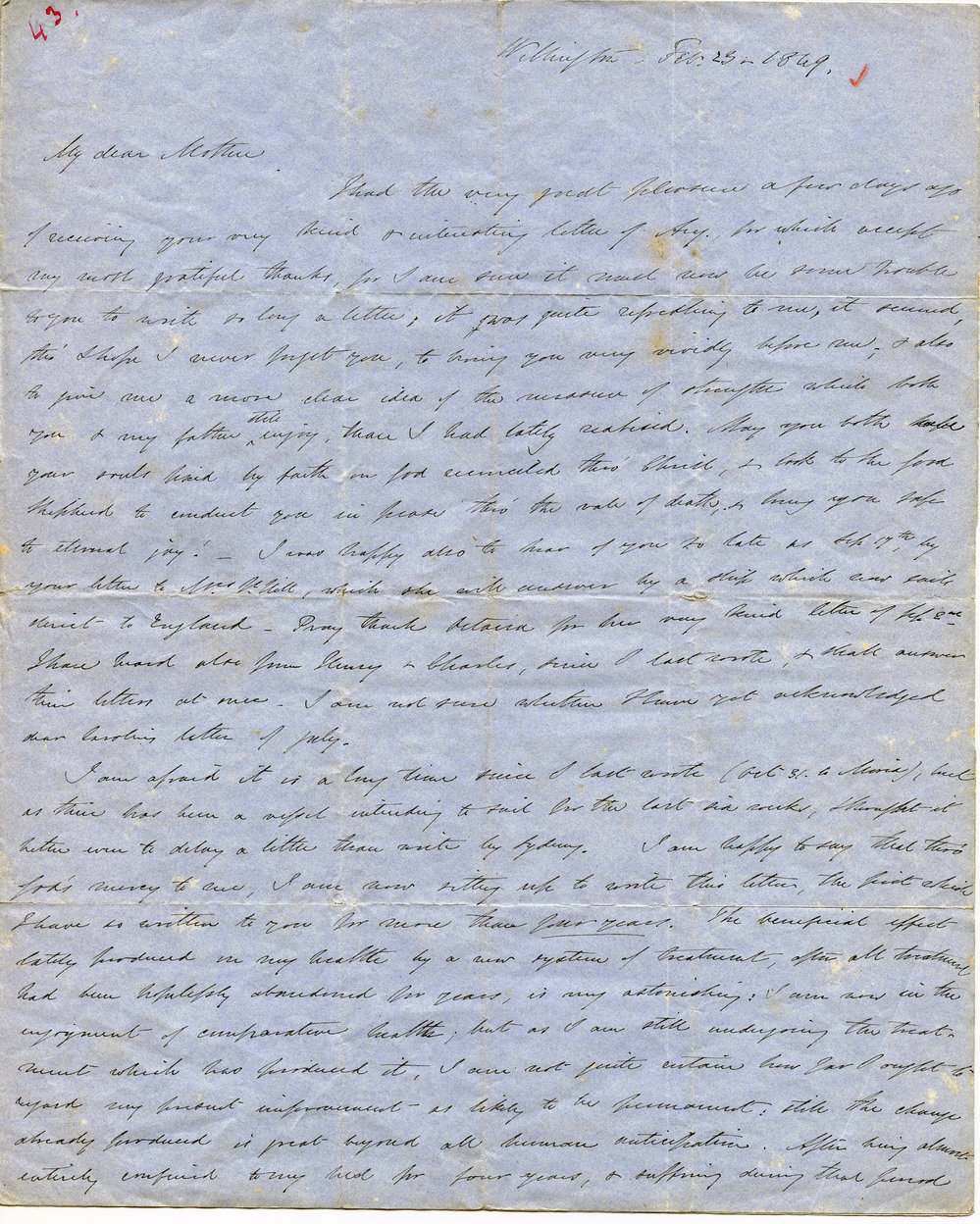 Letter from Octavius Hadfield to his mother, Amelia Caroline Hadfield, February 1849