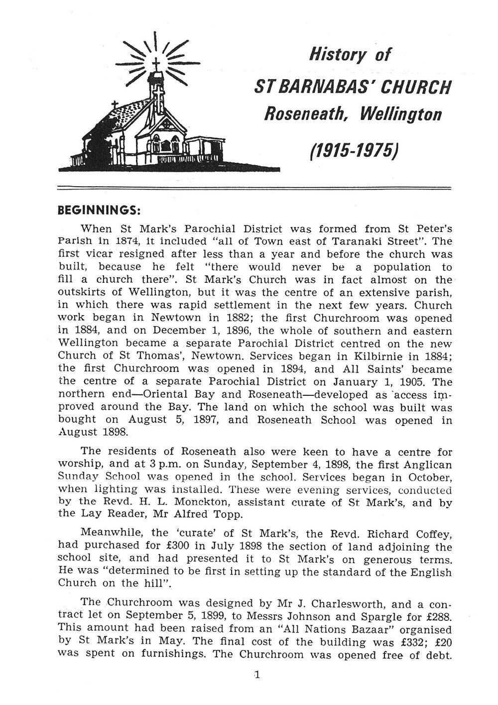 History of St Barnabas' Church, Roseneath, Wellington (1915 - 1975)