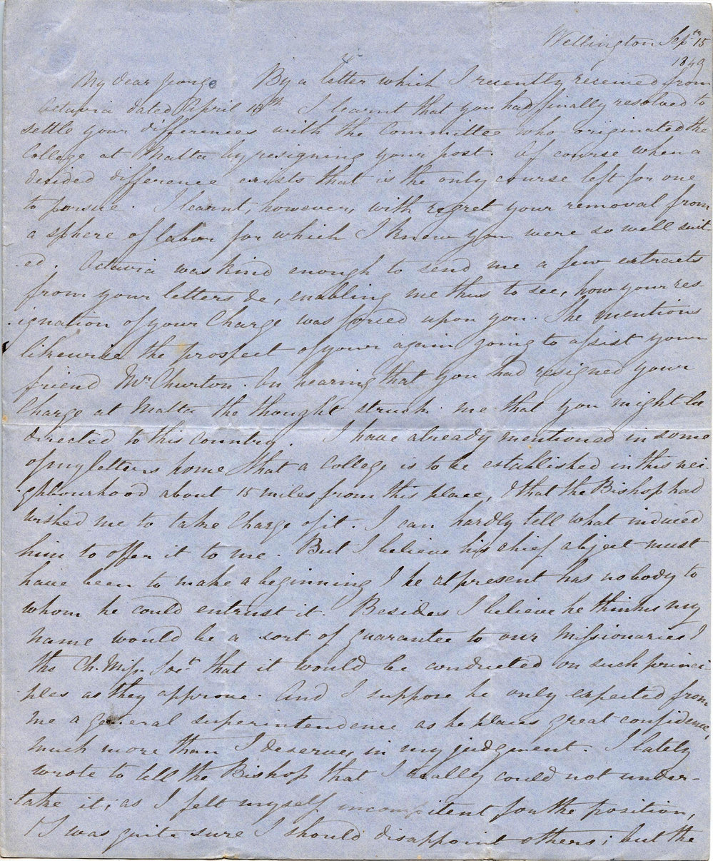 Letter from Octavius Hadfield to his brother George, September 1849