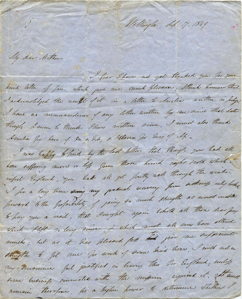 Letter from Octavius Hadfield to his mother, Amelia Caroline Hadfield, September 1849