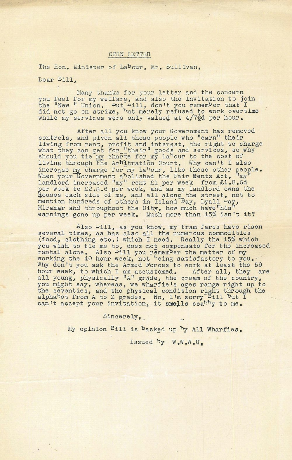 An open letter to the Minister of Labour, Bill Sullivan