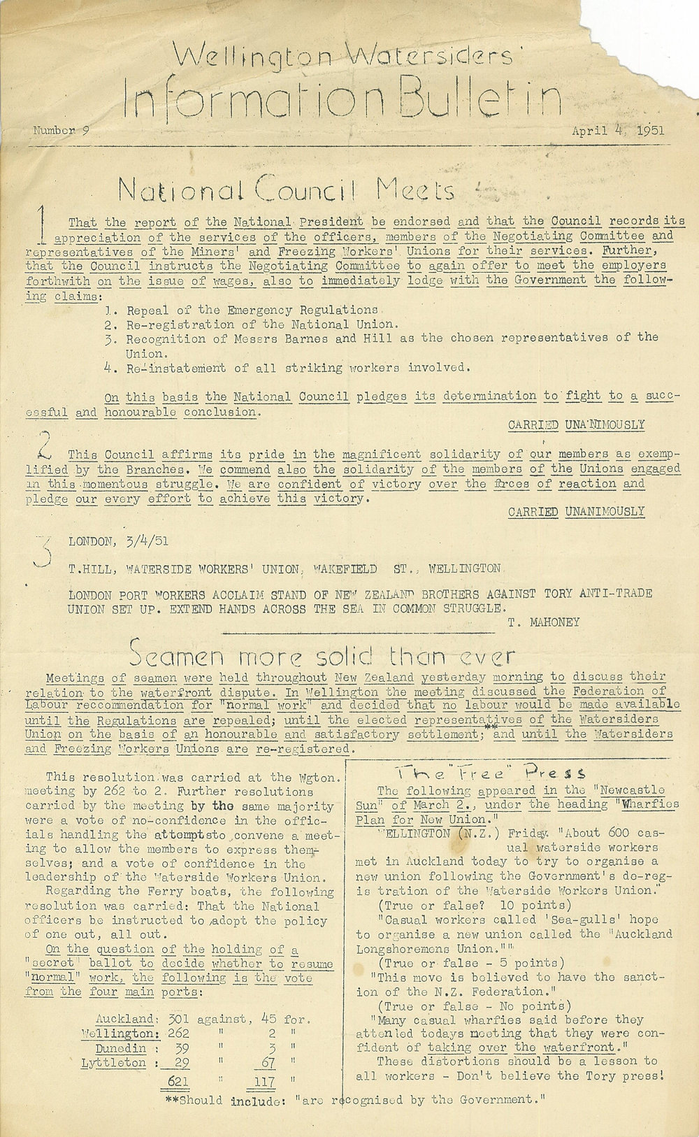 Wellington Watersiders' Official Information Bulletin, Number 9