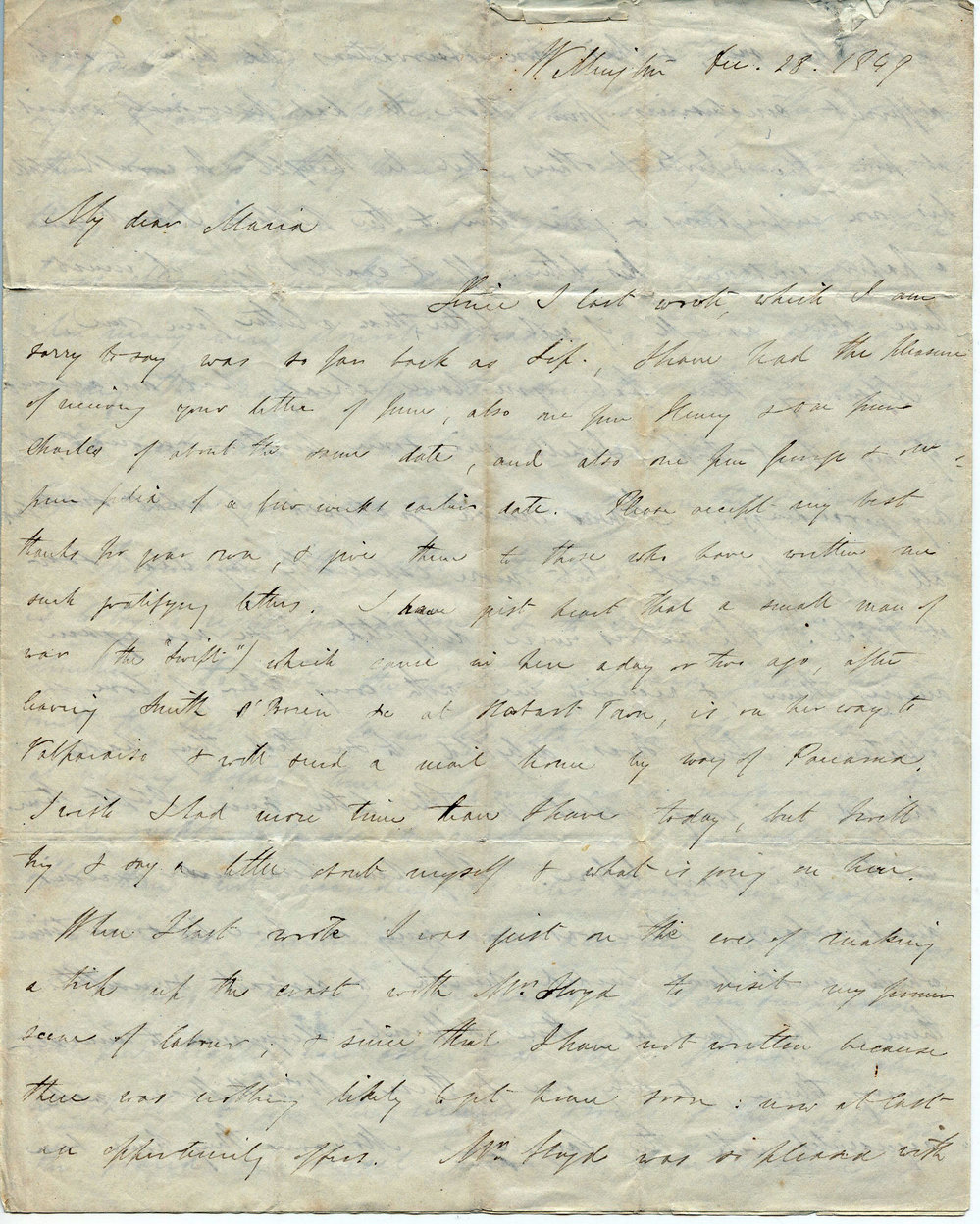 Letter from Octavius Hadfield to his sister Maria, December 1849