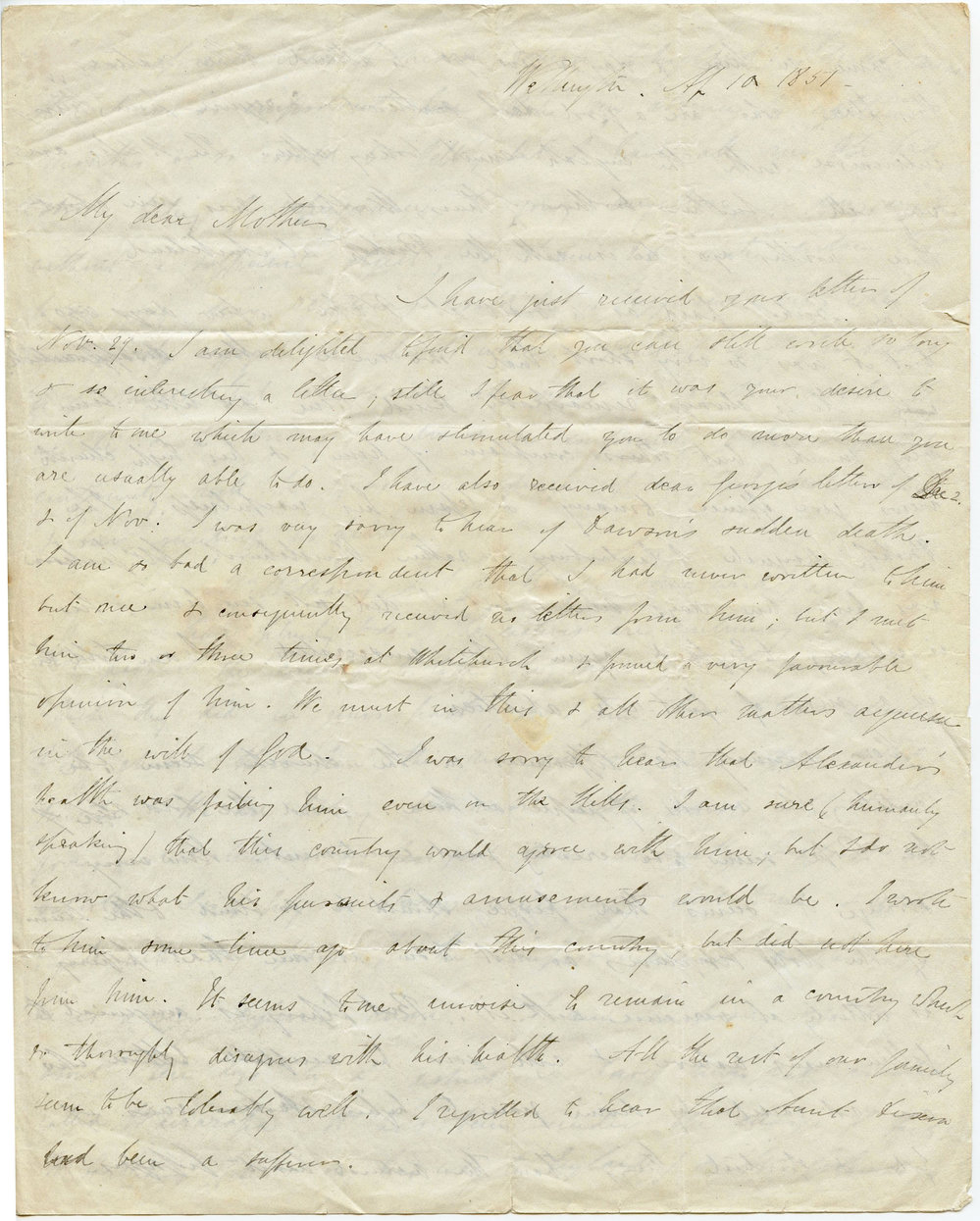Letter from Octavius Hadfield to his mother, April 1851