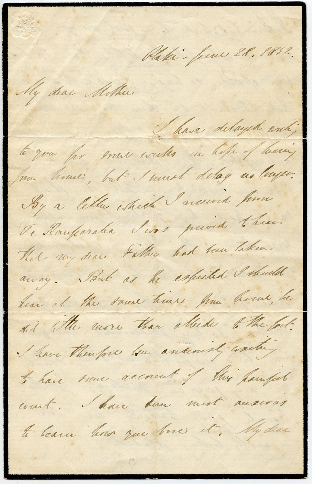 Letter from Octavius Hadfield to his mother, June 1852