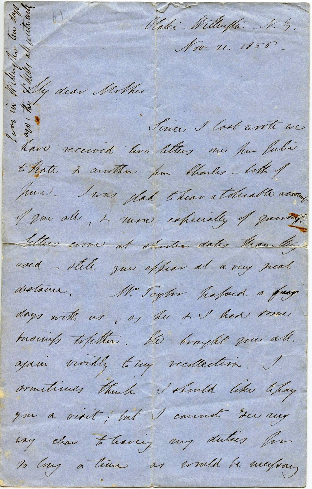 Letter from Octavius Hadfield to his mother, November 1856