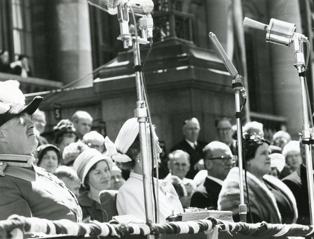 Sir Bernard Fergusson outside Parliament