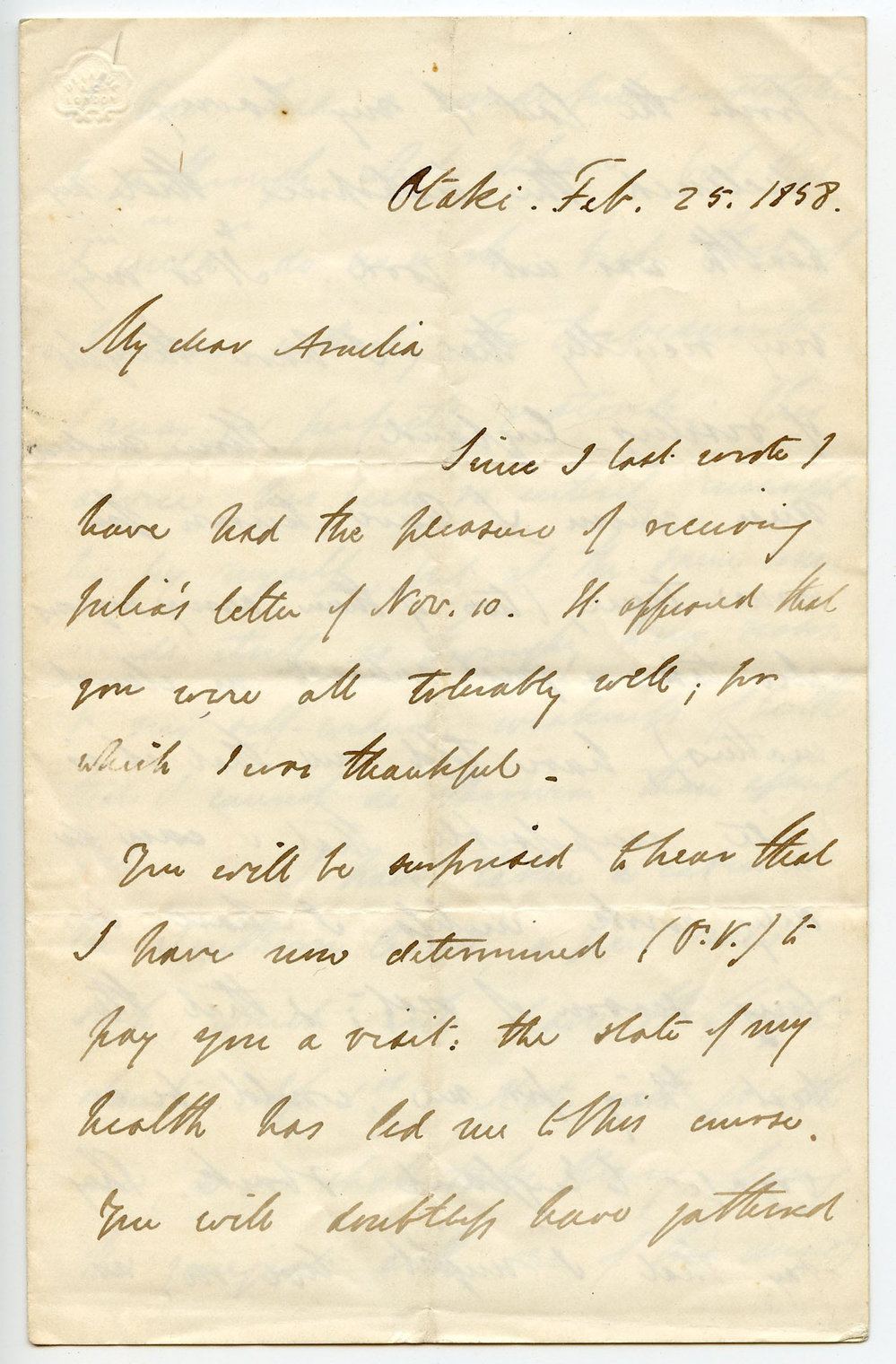 Letter from Octavius Hadfield to his sister Amelia, February 1858