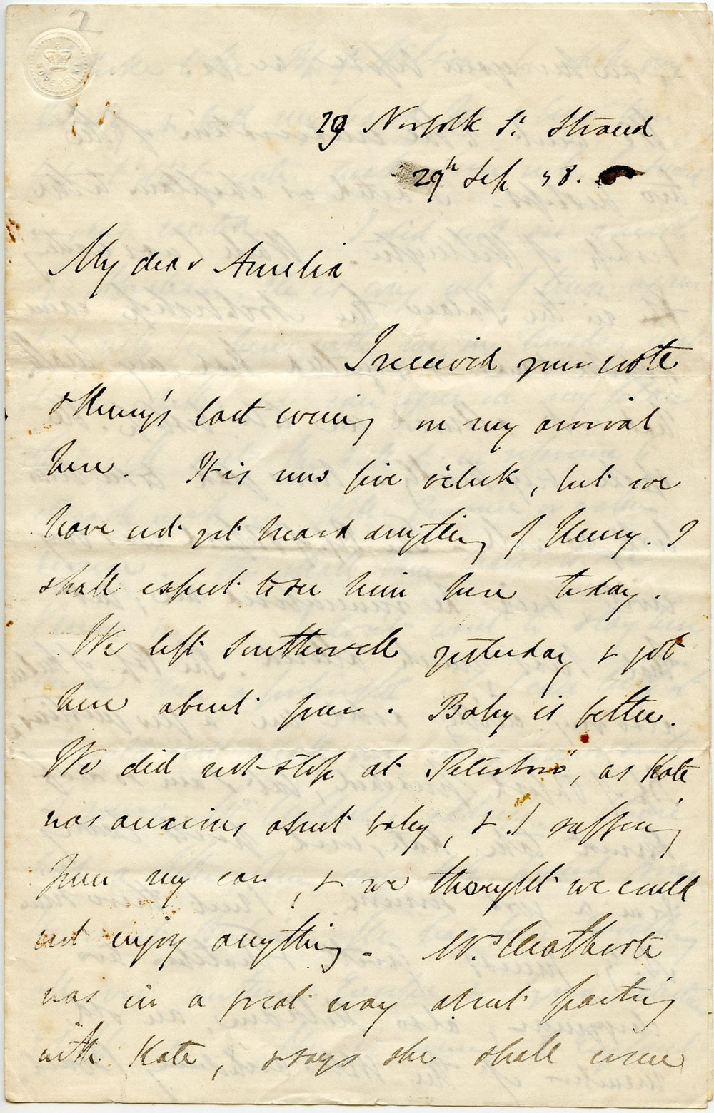 Letter from Octavius Hadfield to his sister Amelia, September 1858