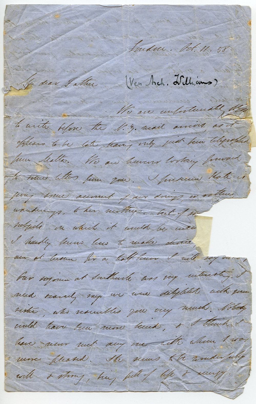 Letter from Octavius Hadfield to Archdeacon Williams, October 1858