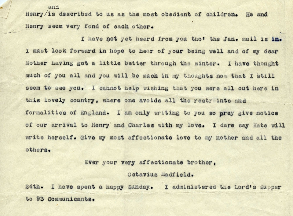 Letter from Octavius Hadfield to his sister Amelia, April 1859