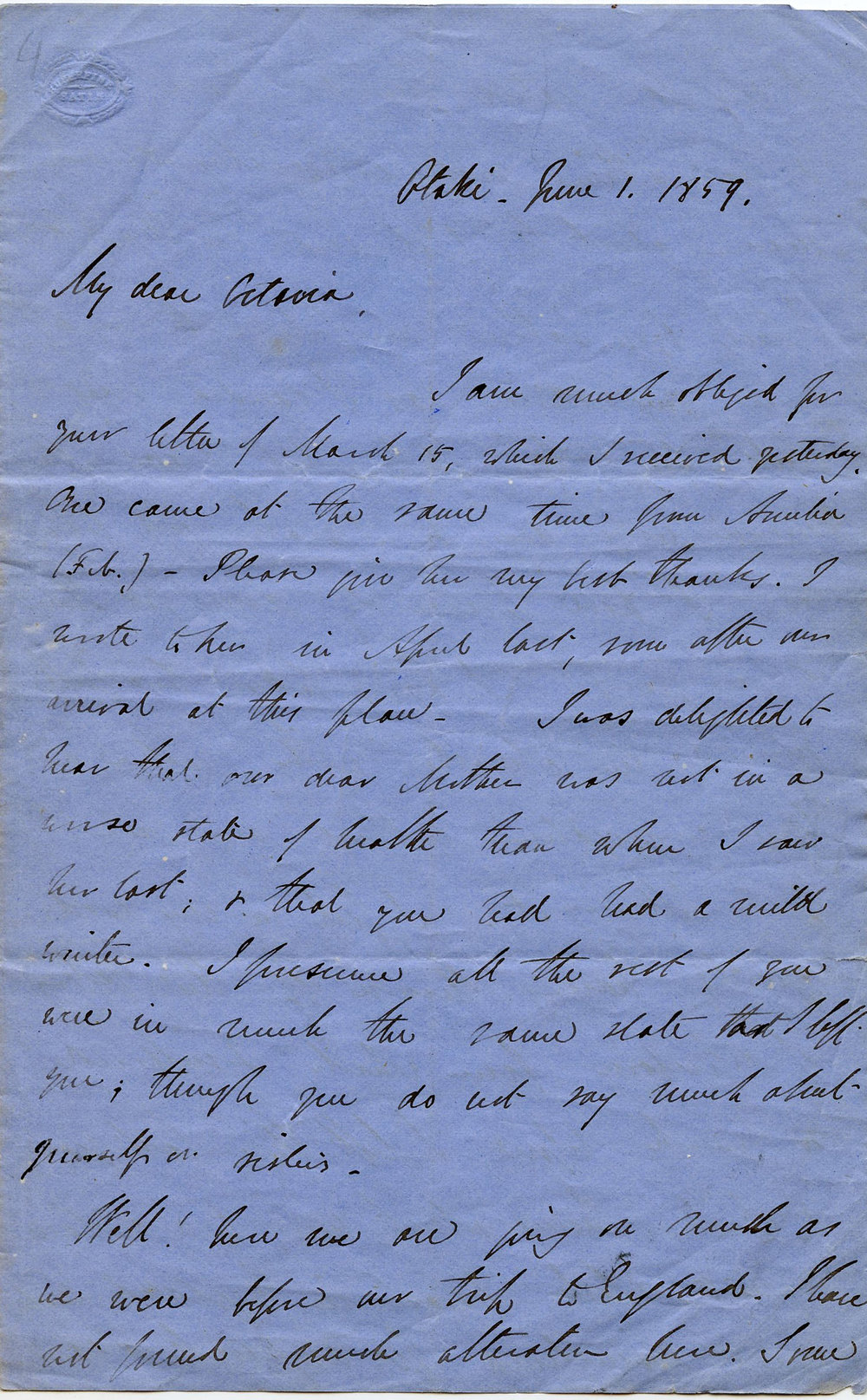 Letter from Octavius Hadfield to his sister Octavia, June 1859