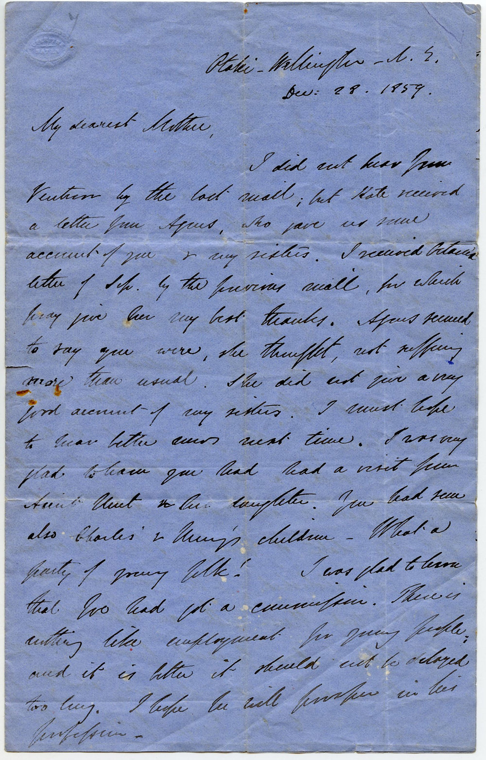 Letter from Octavius Hadfield to his mother, December 1859