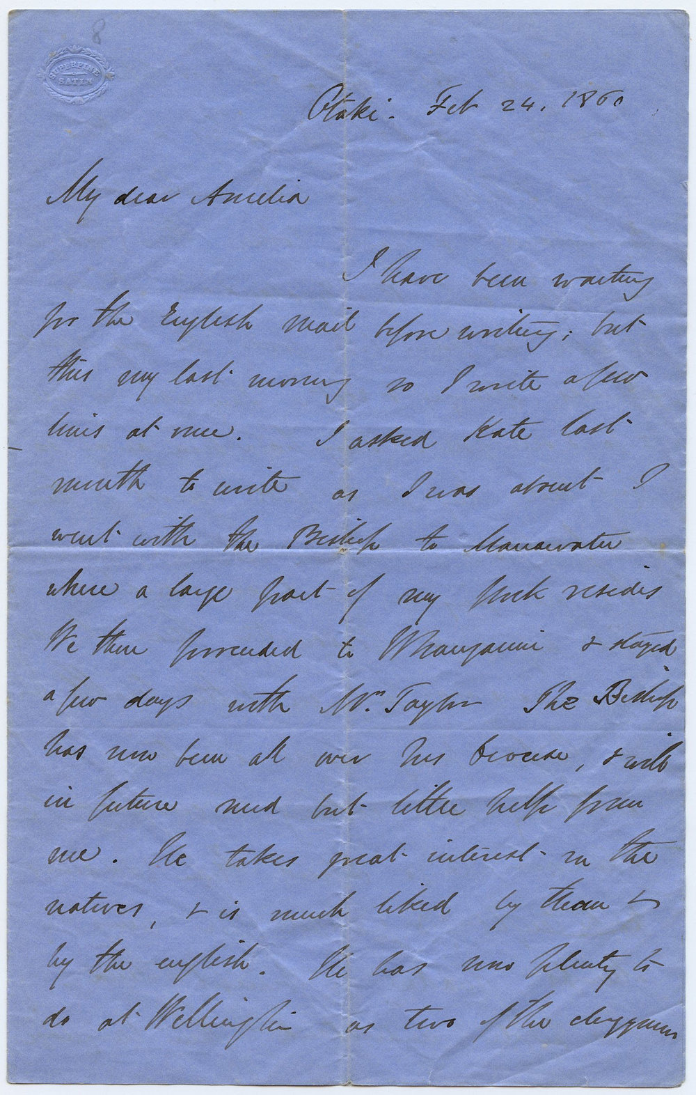 Letter from Octavius Hadfield to his sister Amelia, February 1860