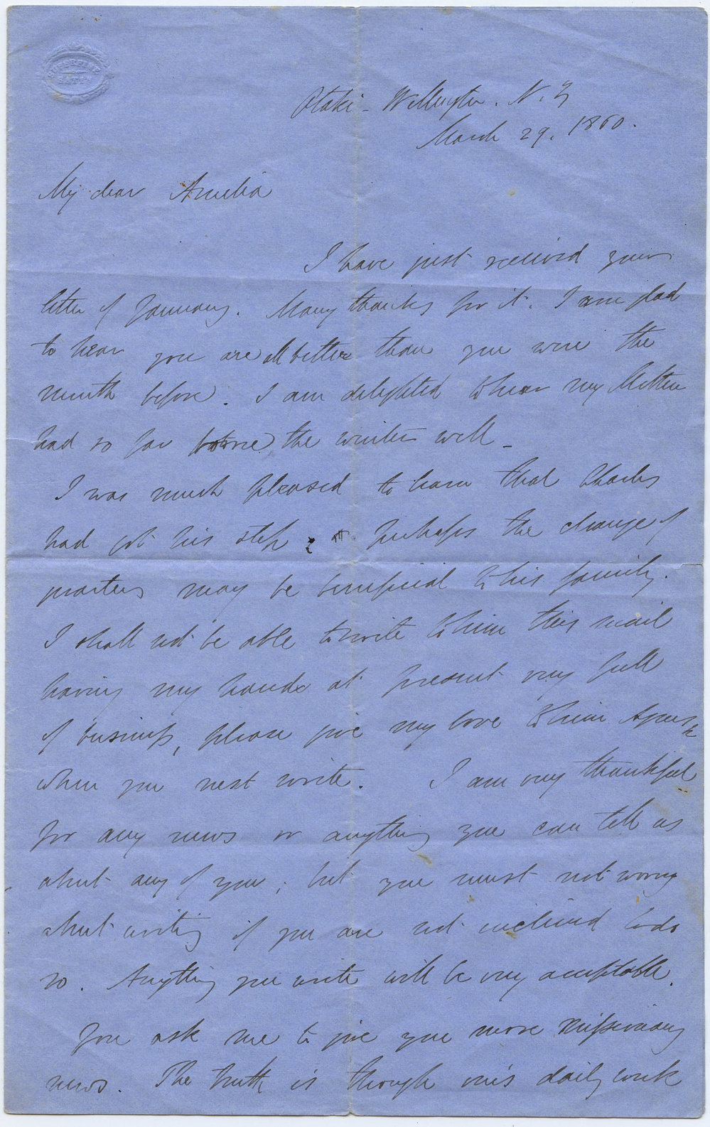 Letter from Octavius Hadfield to his sister Amelia, March 1860