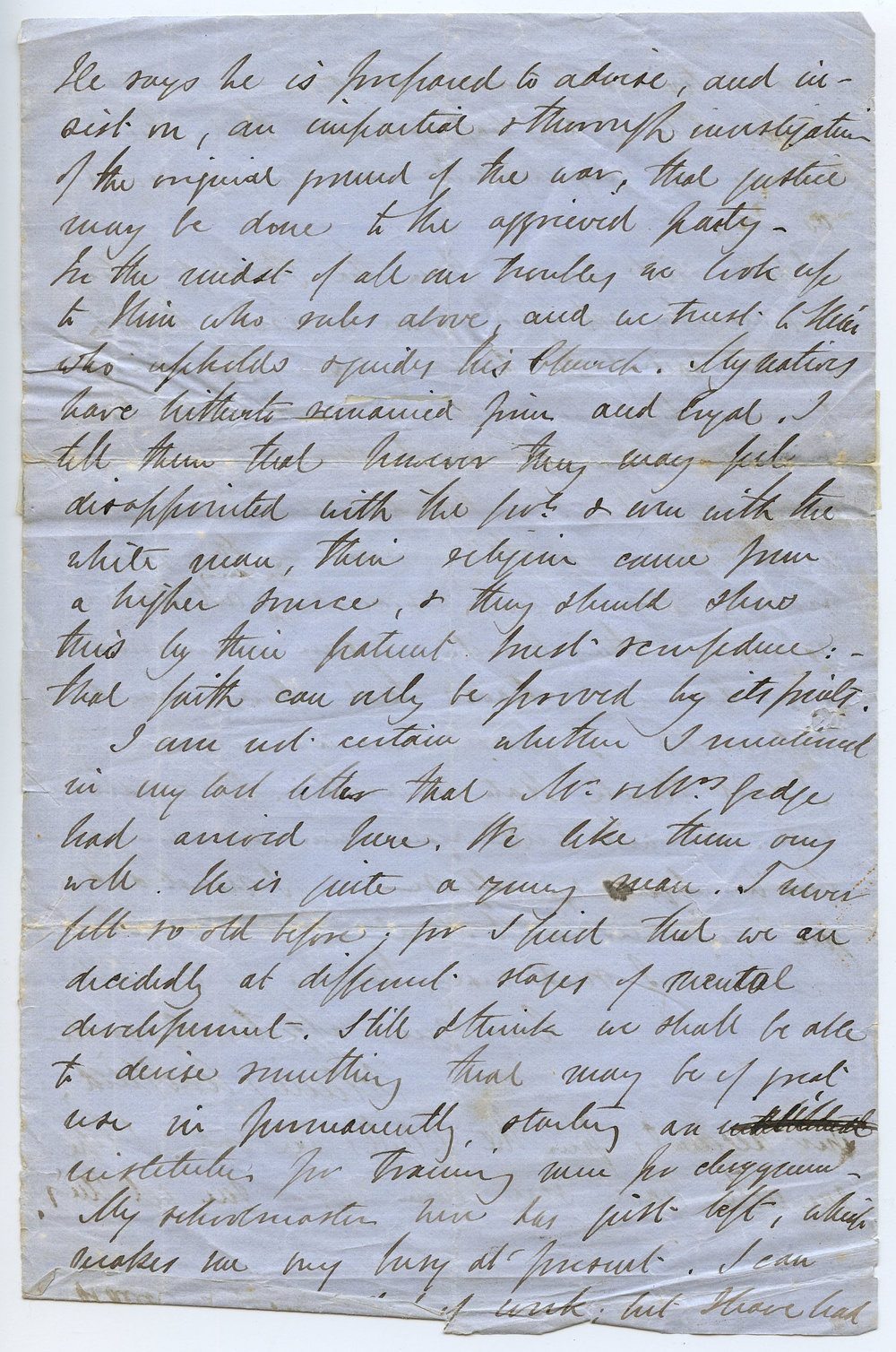 Fragment of a letter from Octavius Hadfield to one of his siblings