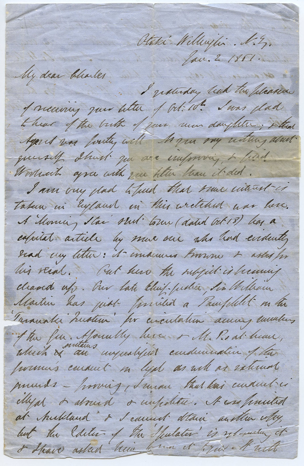 Letter fragment from Octavius Hadfield to his brother Charles, January 1861