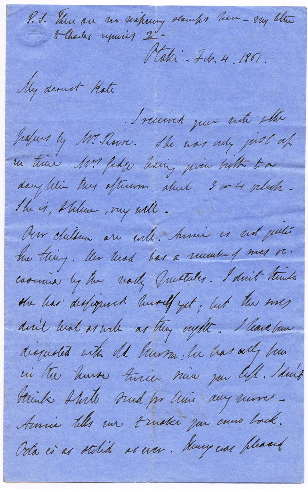 Letter from Octavius Hadfield to his wife Kate, February 1861