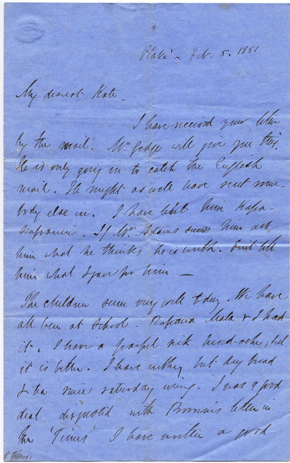 Letter from Octavius Hadfield to his wife Kate, February 1861