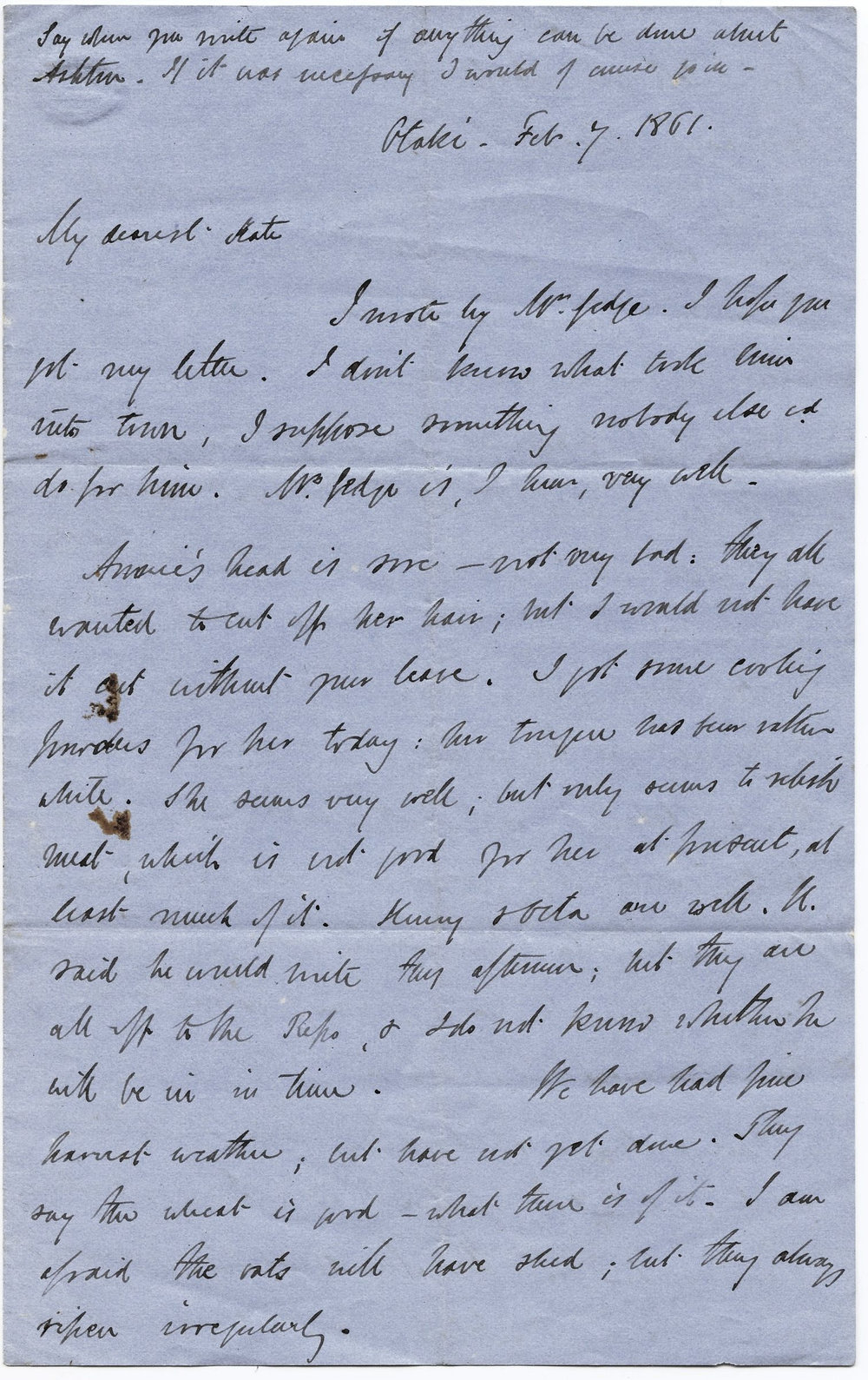 Letter from Octavius Hadfield to his wife Kate, February 1861