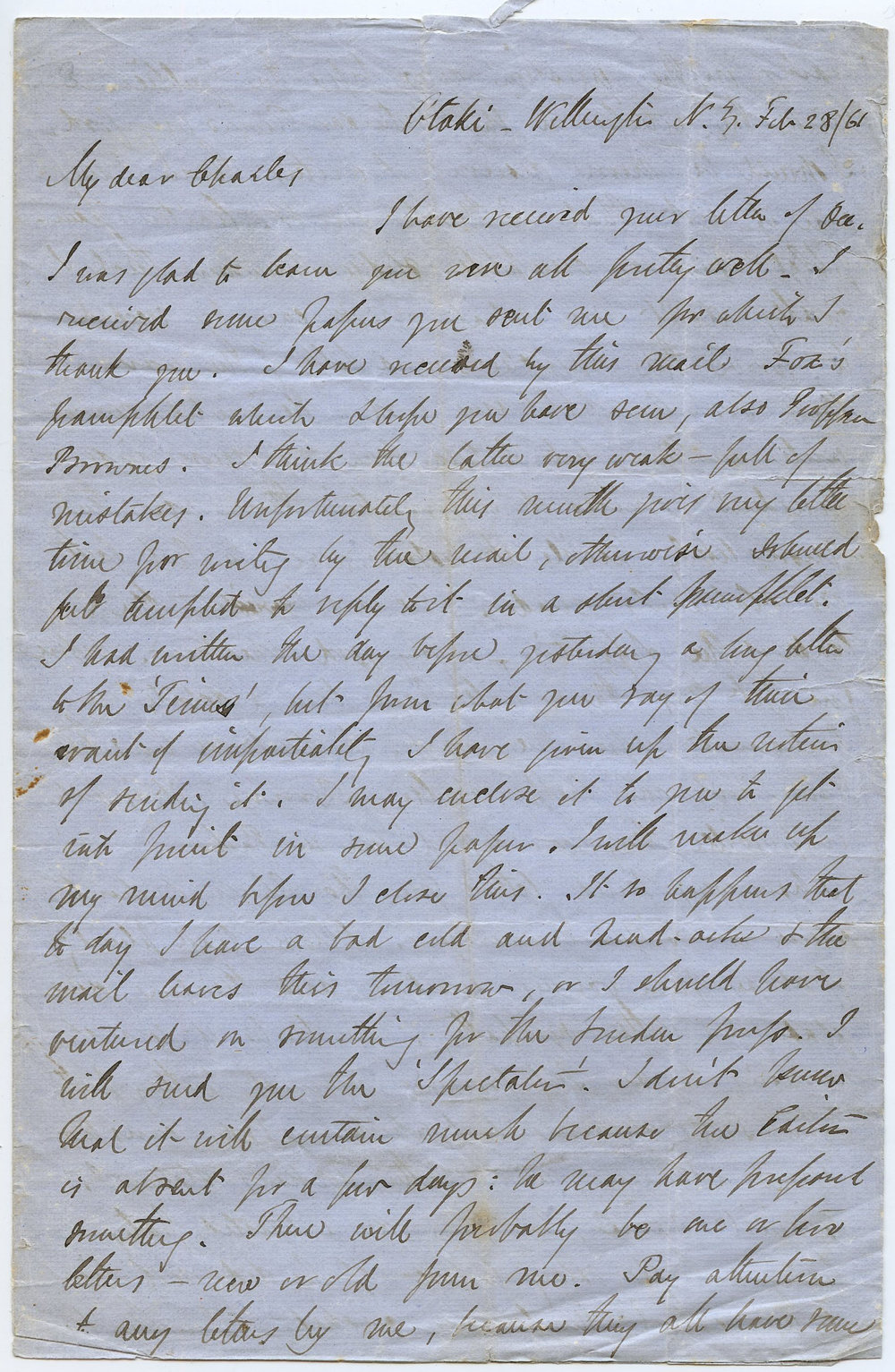 Letter from Octavius Hadfield to his brother Charles, February 1861