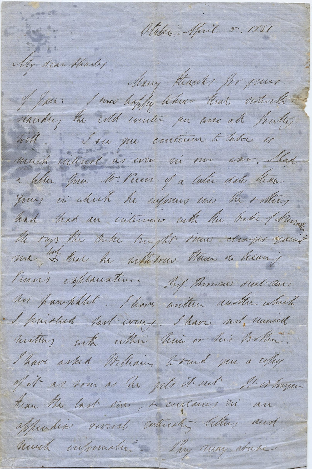Letter from Octavius Hadfield to his brother Charles, April 1861