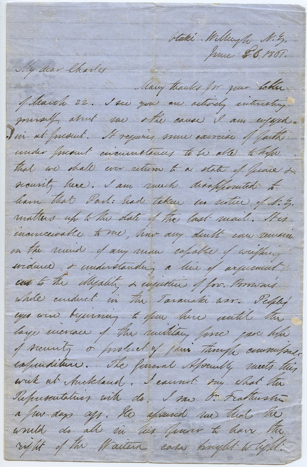 Letter from Octavius Hadfield to his brother Charles, June 1861