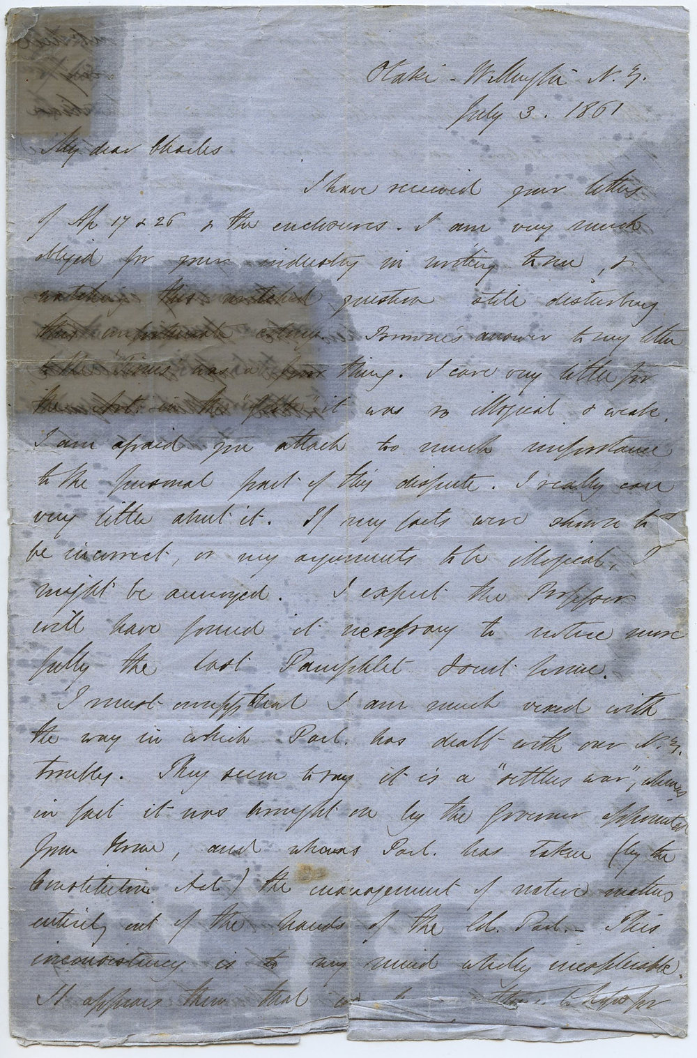 Letter from Octavius Hadfield to his brother Charles, July 1861