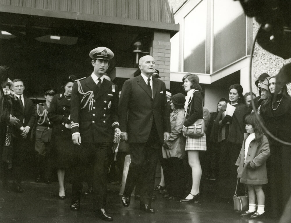 Prince Charles and Jack Marshall at the funeral of Norman Kirk