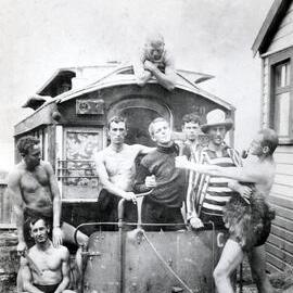 Men with disused steam tram