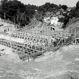 Motorway overpass being constructed over Bowen Street
