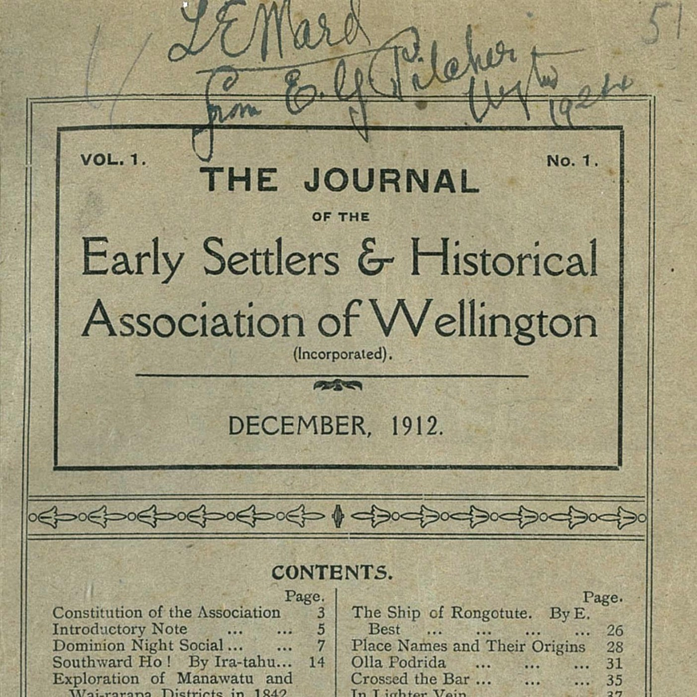 Vol 1 No 1 of The Journal of the Early Settlers and Historical Association of Wellington
