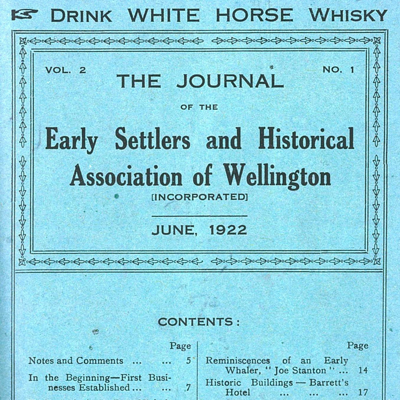 Vol 2, No 1 of The Journal of the Early Settlers and Historical Association of Wellington