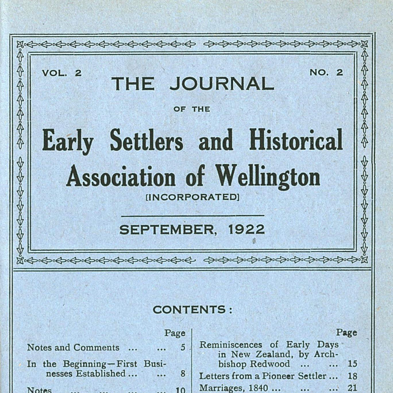 Vol 2, No 2 of The Journal of the Early Settlers and Historical Association of Wellington 