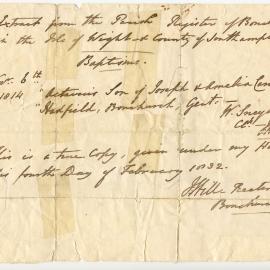 Extract from the Parish Register of Bonchurch