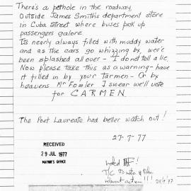 Letter regarding a pothole outside James Smiths department store in Cuba Street