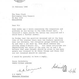 Letter of complaint regarding activities in Cuba Street