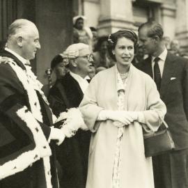 Queen Elizabeth II & the Duke of Edinburgh outside the Wellington Town Hall