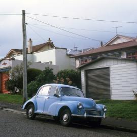 Blue Morris Minor on Hohiria Road, Hataitai,