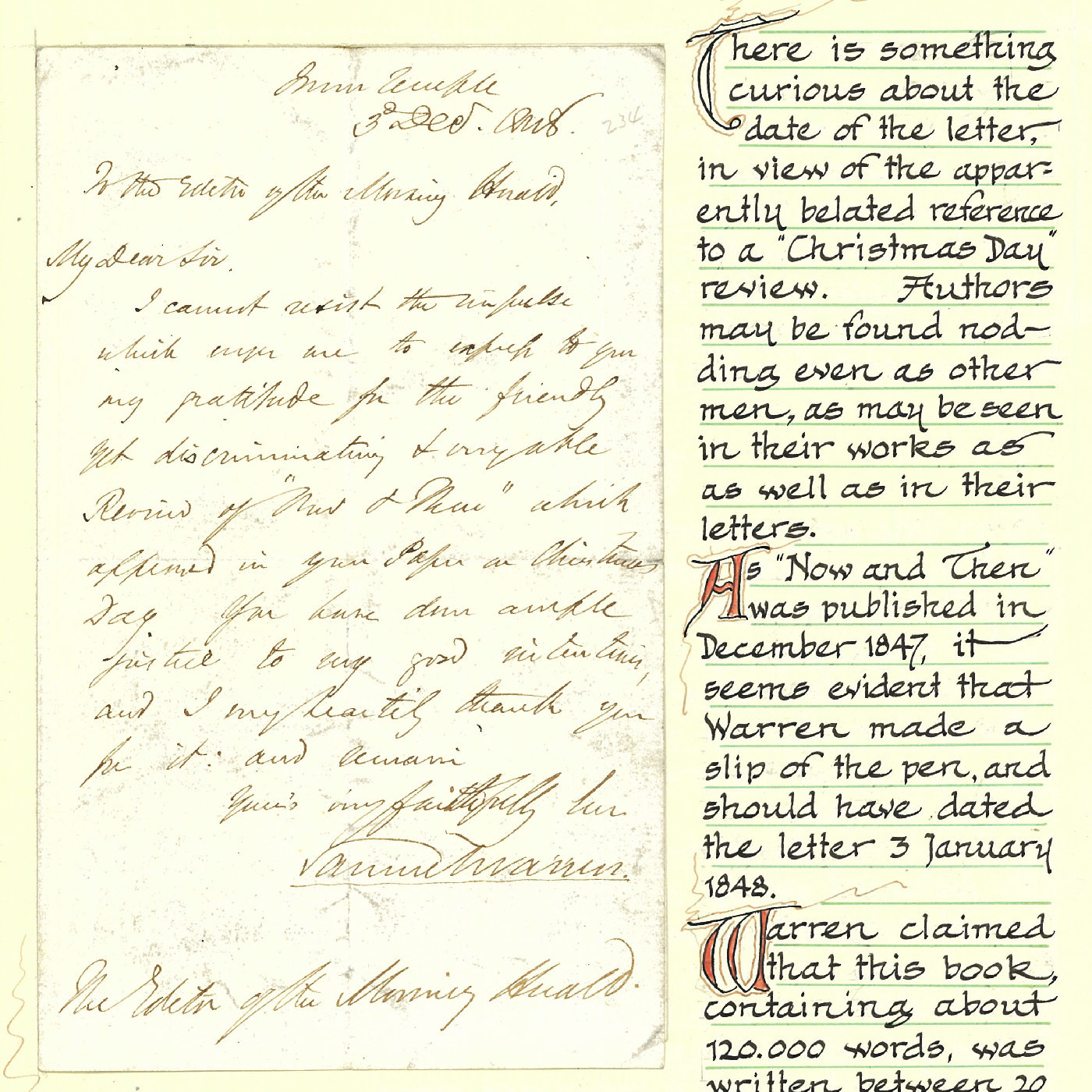 Letter from Samuel Warren to the editor of the Morning Herald