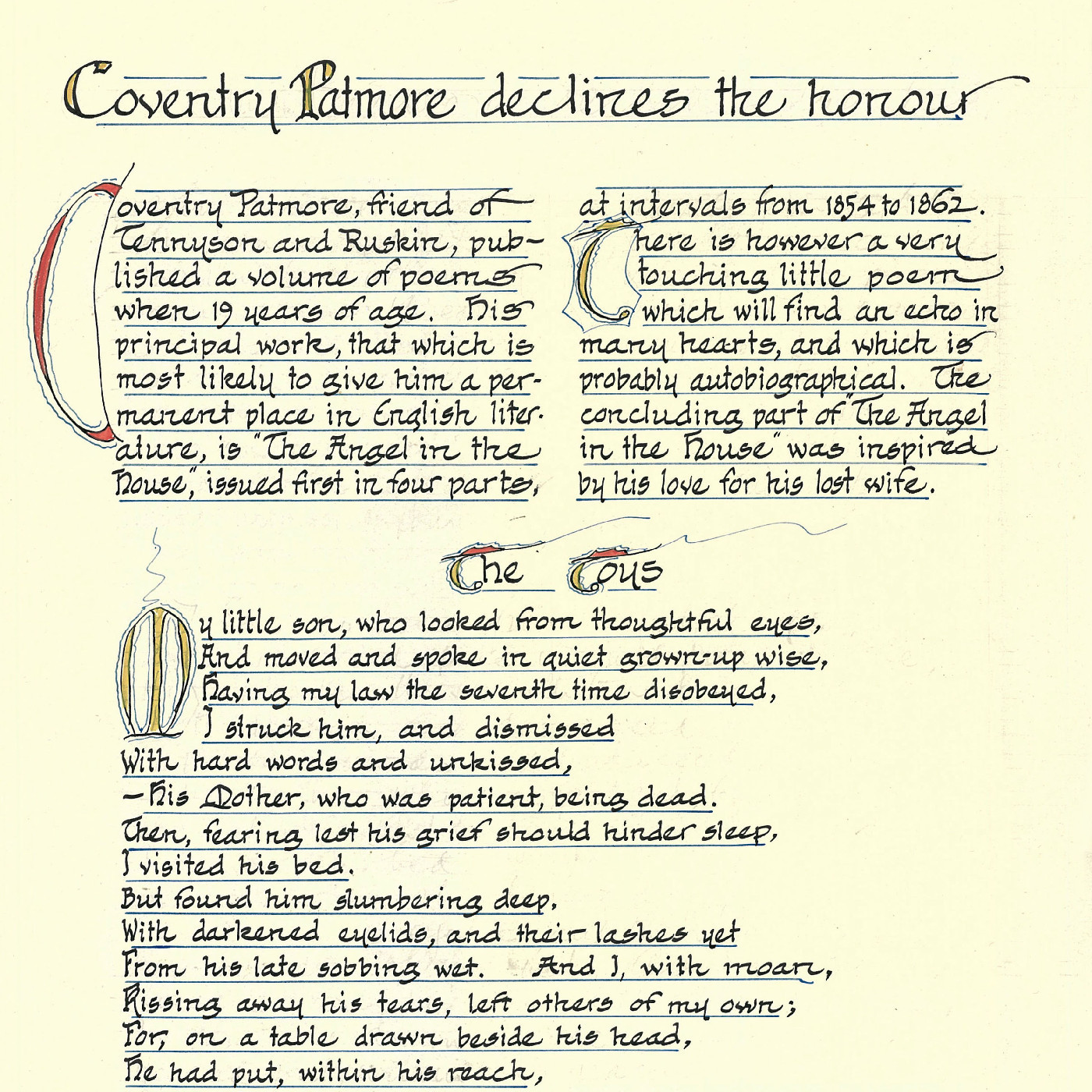 Note from Coventry Patmore to a journalist