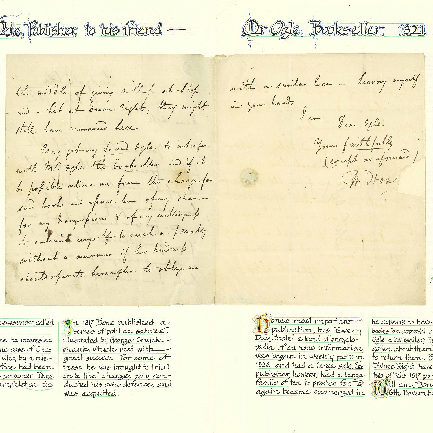 Letter from William Hone to Mr Ogle